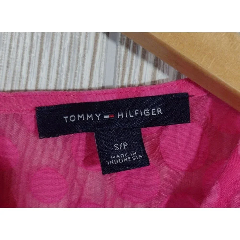 Tommy Hilfiger Blouse Women's Pink Top Small Petite Sheer Polka Dot Bell Sleeve
